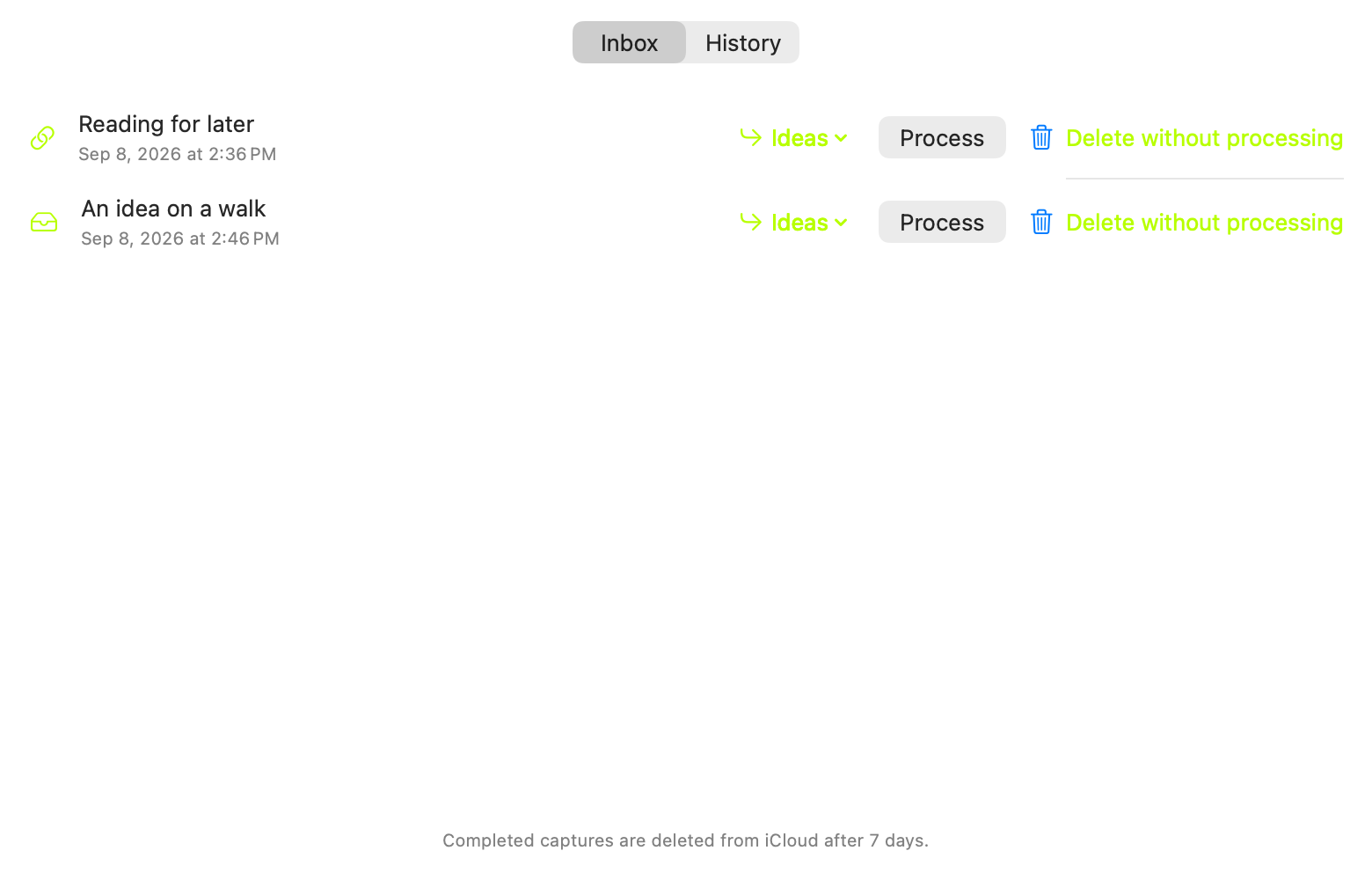 Lemonize 1.3 Remote Inbox with two demonstration captures, profile selectors and Process actions.