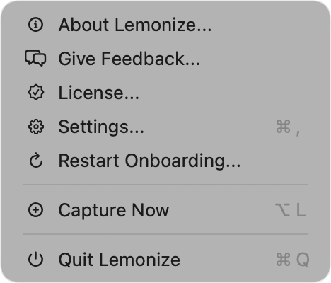 The Lemonize menu bar dropdown: About, Give Feedback, License, Settings, Restart Onboarding, Capture Now, and Quit.