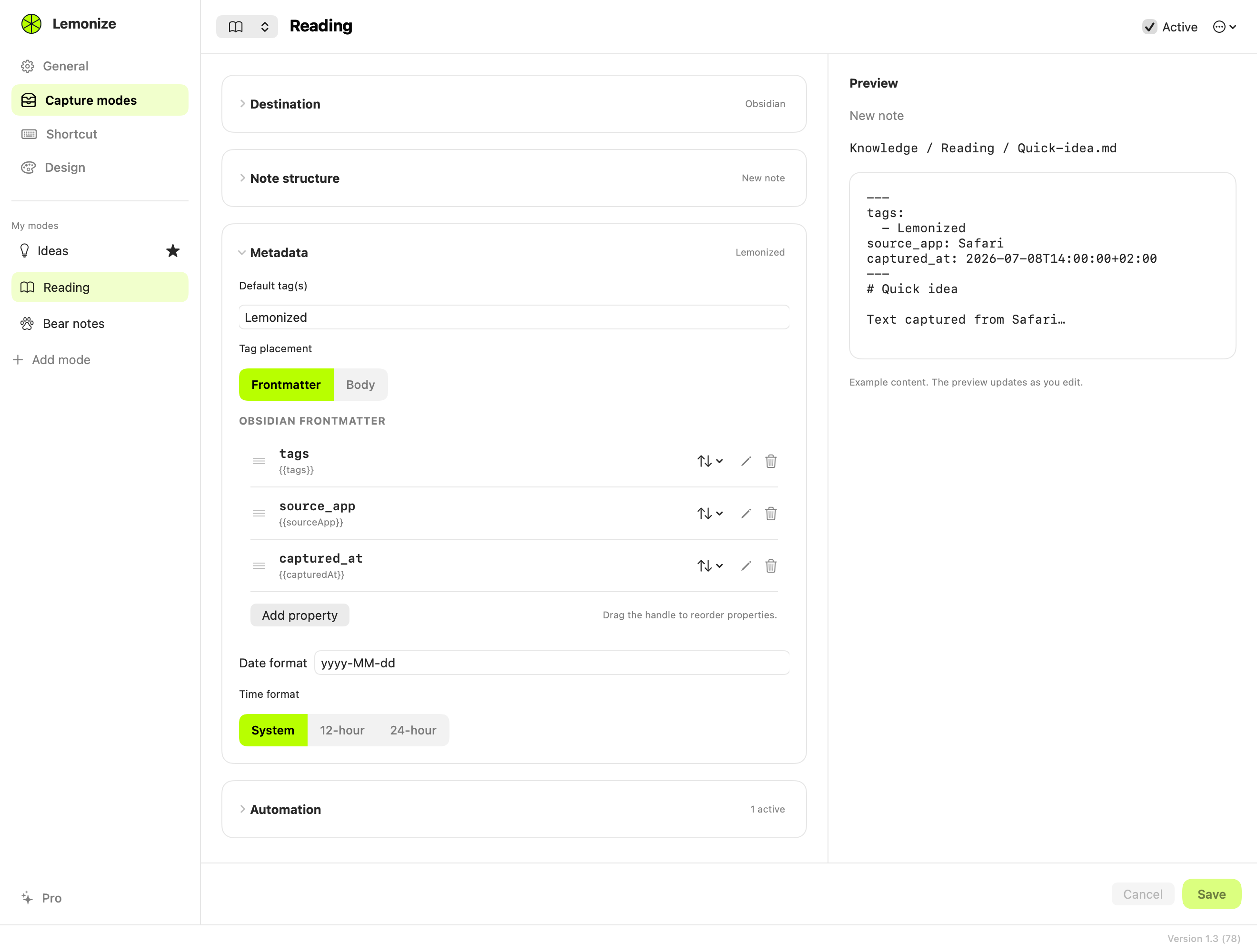 Metadata groups default tags, their placement, frontmatter properties and date/time formats. The preview on the right shows the resulting YAML.