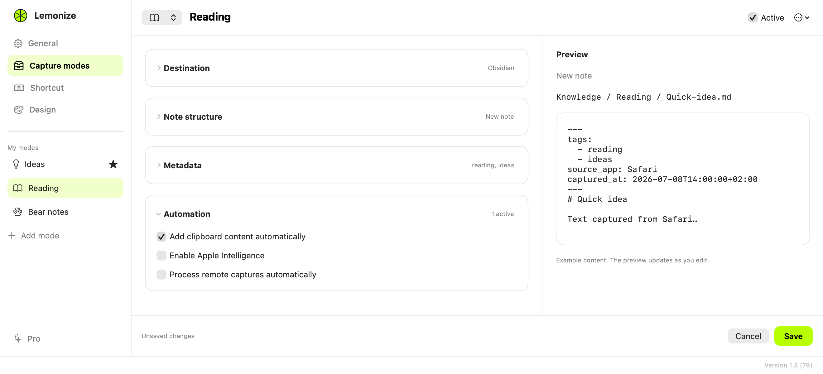 Choose the automation options, check the preview and click Save at the bottom right. Here, the edited tags appear in the preview and Save is enabled.