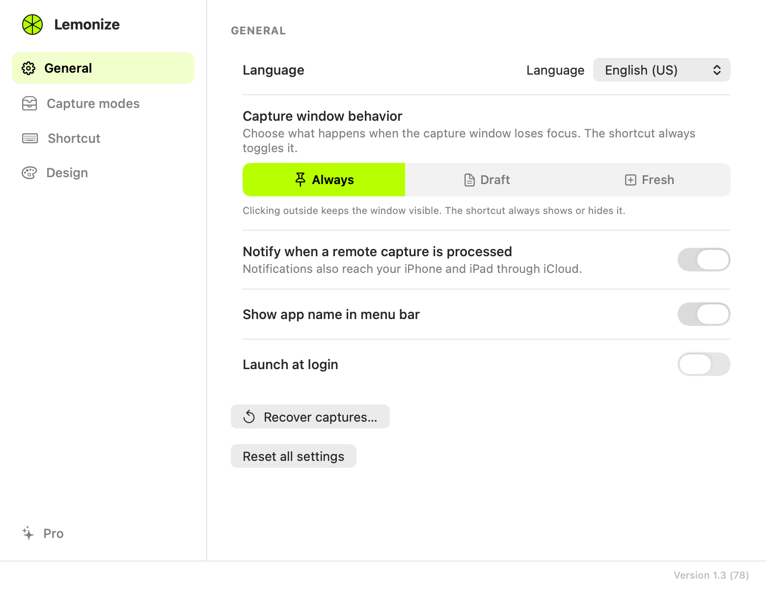 Lemonize General settings: language, focus behavior, notifications, recovery and startup.